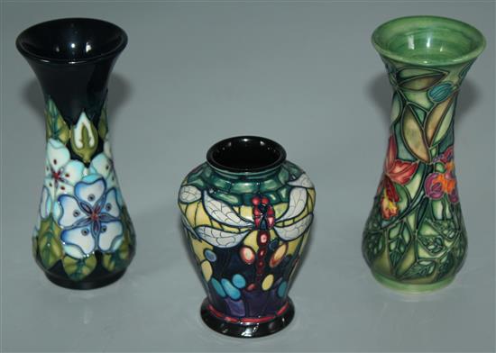 3 Moorcroft vases, 2 floral and dragonfly